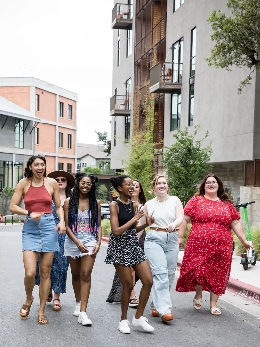 bachelorette party walking down an Austin street