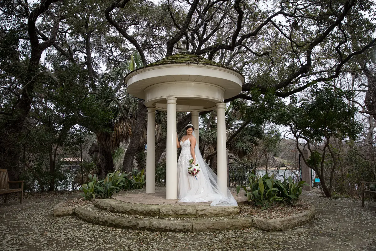 Bride at gazebo, Lady Bird Wildflower Center