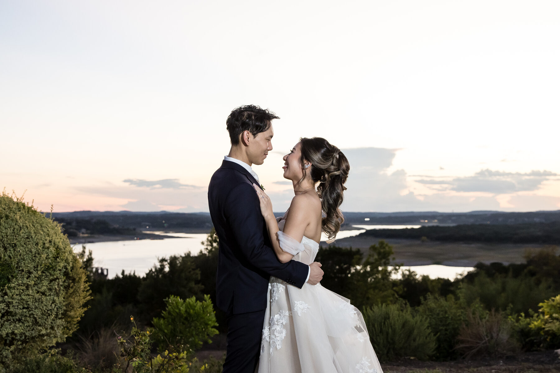 Wedding couple at golden hour, Lake Travis