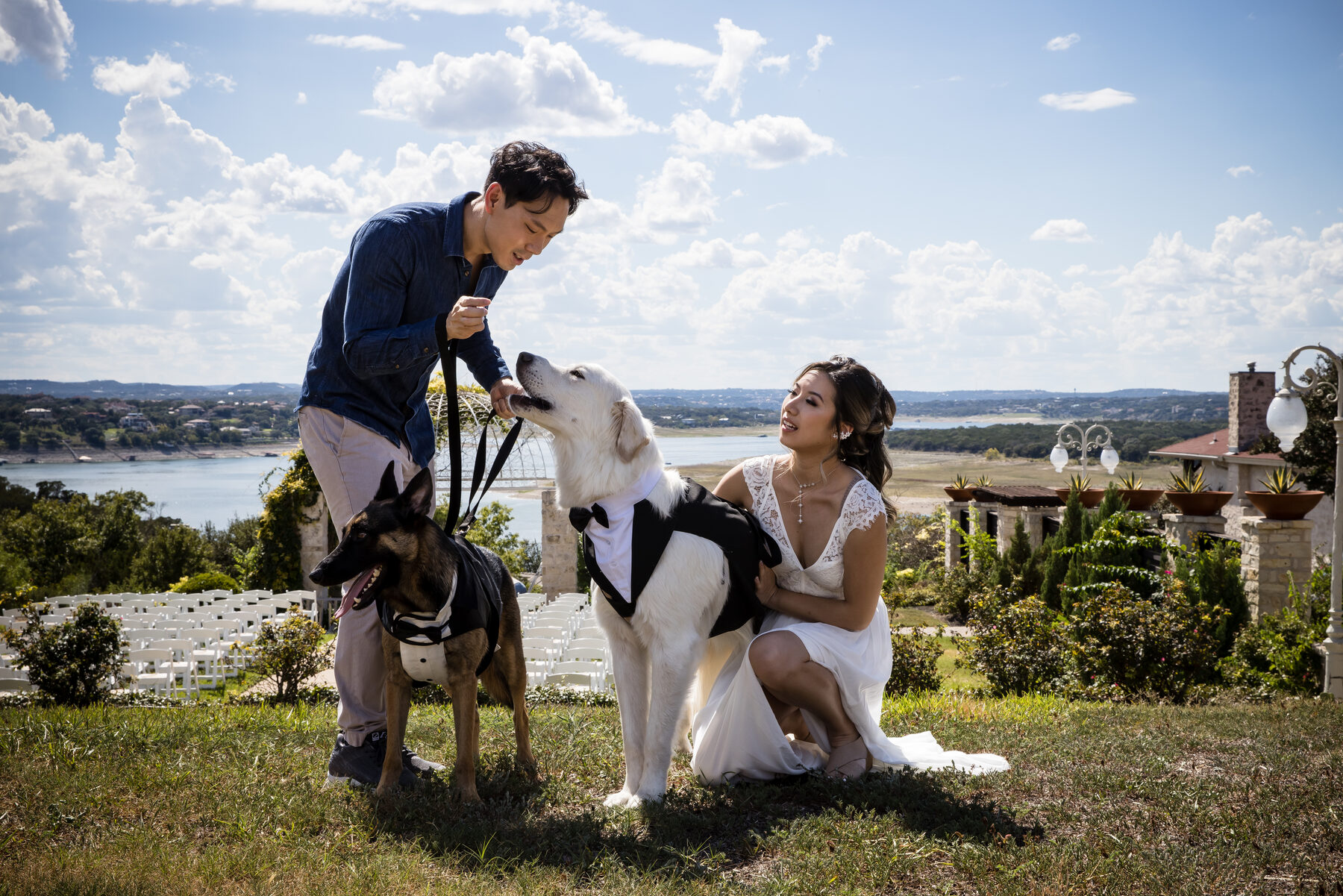 Couple and their two dogs overlooking Lake Travis